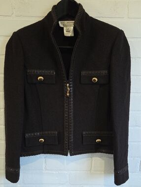 St. John Collection Vintage  Chocolate Bouclé Zip Blazer with Gold Buttons
